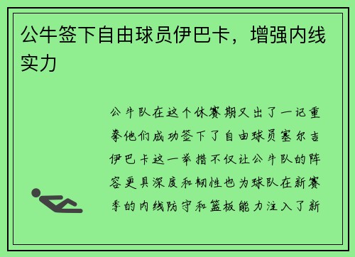 公牛签下自由球员伊巴卡，增强内线实力